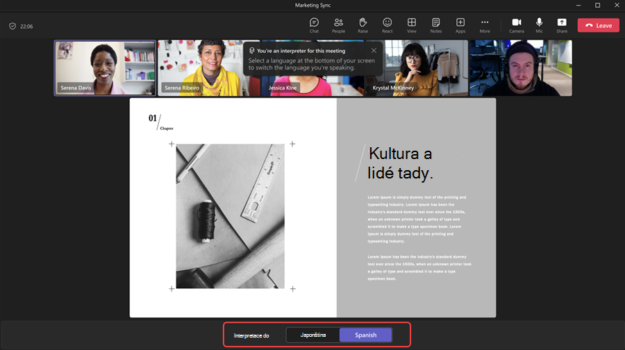 Na obrazovce videokonference se zobrazují čtyři účastníci s možností interpreta a text o kultuře a lidech.