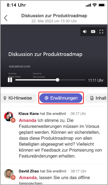 Anzeigen von Namenserwähnungen in der Zusammenfassung der Teams-Besprechung.
