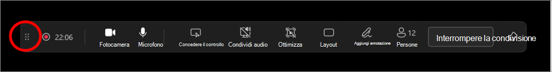 Selezionare e trascinare la barra di trascinamento per spostare la barra degli strumenti del relatore in un punto qualsiasi dello schermo.