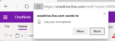 OneNote 받아쓰기 권한의 스크린샷