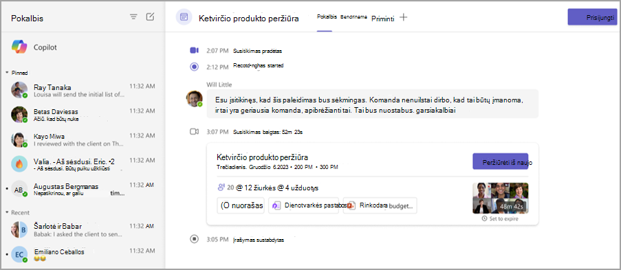 Ekrano kopija, kurioje matyti susitikimo apibendrinimo funkcijos susitikimo pokalbyje.