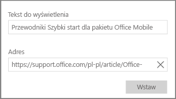 Zrzut ekranu przedstawiający okno dialogowe umożliwiające dodanie linku hipertekstowego w programie OneNote dla systemu Windows 10.