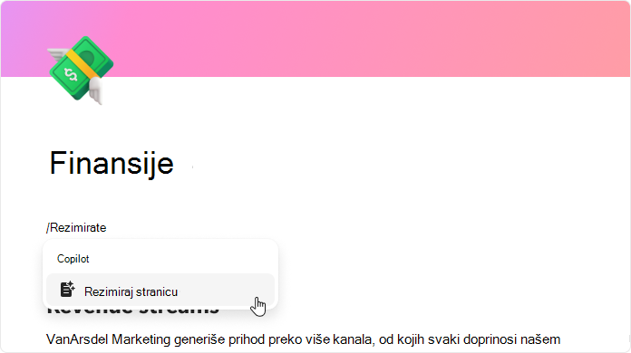 Snimak ekrana prikazuje Copilot rezimiranje sadržaja u programu Loop